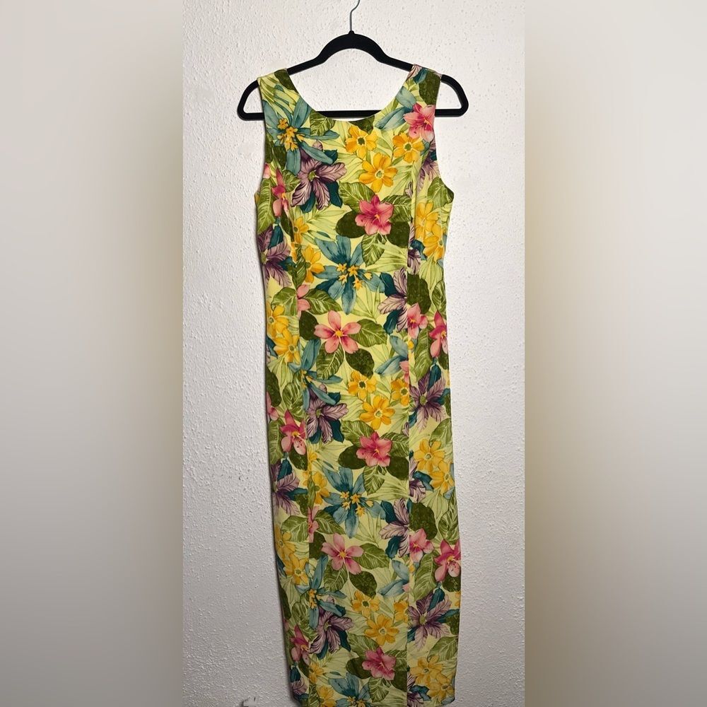 Maggy London 100% silk Yellow Floral Midi Dress with Tie Back size 12